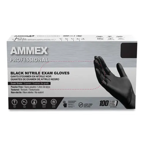 AMMEX® Professional Nitrile Exam Gloves, Powder-Free, 3 mil, Large, Black, 100/Box, 10 Boxes/Carton
