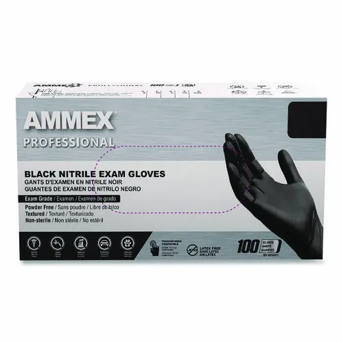 AMMEX® Professional Nitrile Exam Gloves, Powder-Free, 3 mil, Medium, Black, 100/Box