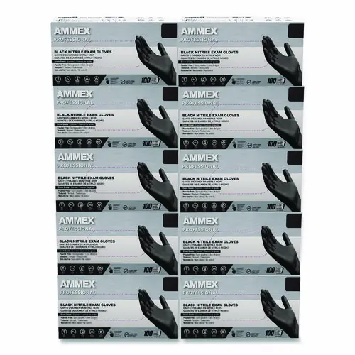 AMMEX® Professional Nitrile Exam Gloves, Powder-Free, 3 mil, Medium, Black, 100/Box, 10 Boxes/Carton