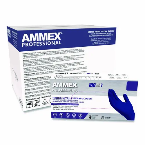 AMMEX® Professional Nitrile Exam Gloves, Powder-Free, 3 mil, Medium, Indigo, 100/Box
