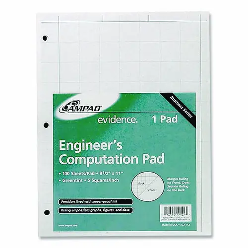 Ampad® Evidence Engineer's Computation Pad, Cross-Section Quadrille Rule, 100 Green-Tint Sheets, 8.5 x 11"