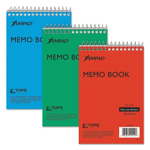 Ampad® Memo Pads, Narrow Rule, Assorted Cover Colors, 40 White 4 x 6 Sheets, 3/Pack