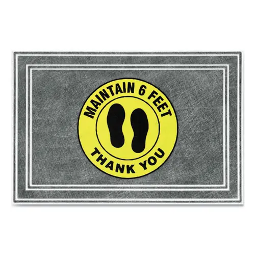 Apache Mills® Message Floor Mats, Charcoal/Yellow, "Maintain 6 Feet Thank You"