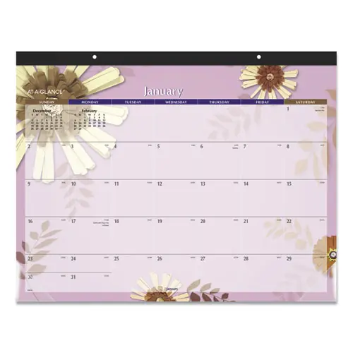 AT-A-GLANCE® Paper Flowers Desk Pad, Floral Artwork, 22 x 17, Black Binding, Clear Corners, 12-Month (Jan to Dec): 2025