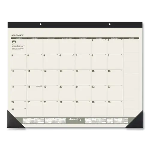 AT-A-GLANCE® Recycled Monthly Desk Pad, 12-Month, 22 x 17, Sand/Green Sheets, Black Binding & Corners, 2025