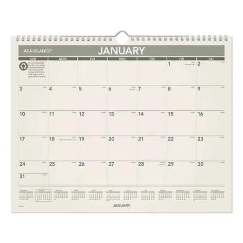 AT-A-GLANCE® Recycled Wall Calendar, 12-Month (Jan to Dec), 2025, Sand/Green, 15 x 12, Unruled Blocks