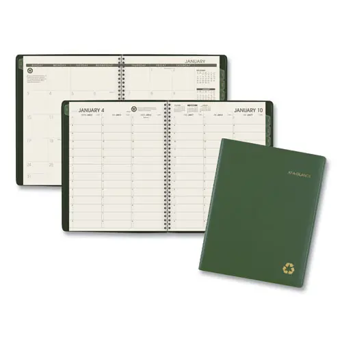 AT-A-GLANCE® Recycled Weekly Vertical-Column Format Appointment Book, 11 x 8.25, Green Cover, 12-Month (Jan to Dec), 2025