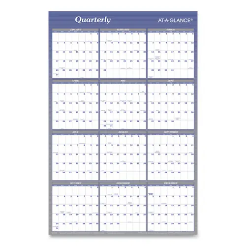 AT-A-GLANCE® Vertical/Horizontal Erasable Quarterly/Monthly Wall Planner, 2025, 12-Month (Jan to Dec), 24" x 36", White/Blue