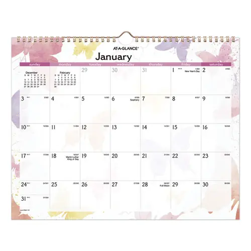 AT-A-GLANCE® Watercolors Recycled Monthly Wall Calendar, Butterflies Artwork, 2025