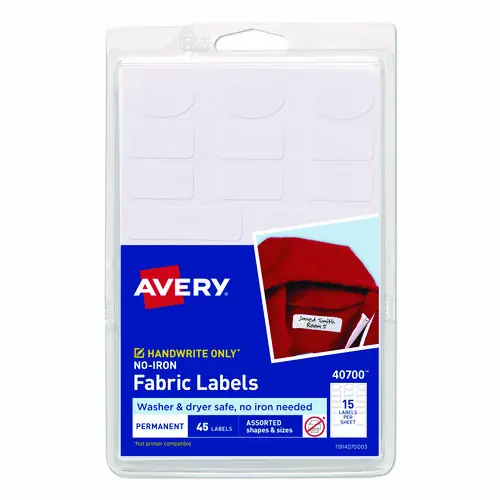 Avery® Avery Kids No-Iron Fabric Labels, Handwrite Only, Assorted Shapes and Sizes, White
