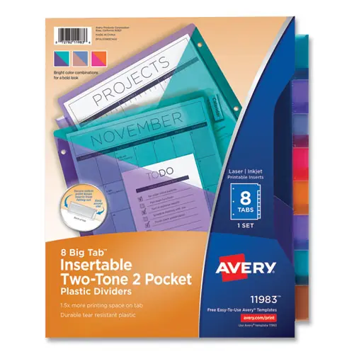 Avery® Big Tab Insertable Two-Pocket Plastic Dividers, 8-Tab, Assorted