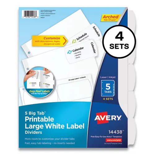Avery® Big Tab Printable Large White Label Tab Dividers, 5-Tab, White, 4 Sets