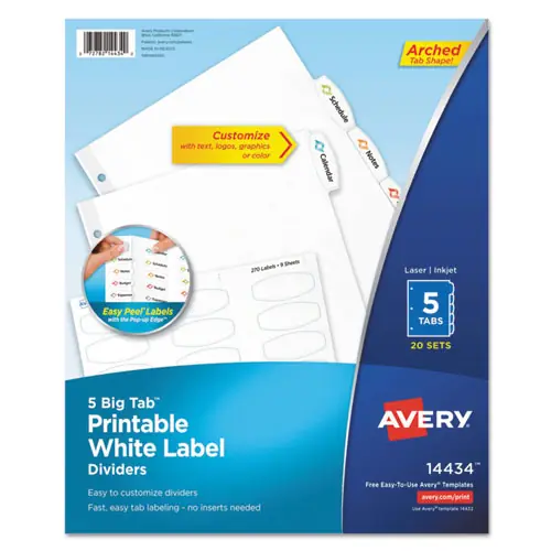 Avery® Big Tab Printable White Label Tab Dividers, 5-Tab, White, 20 Sets