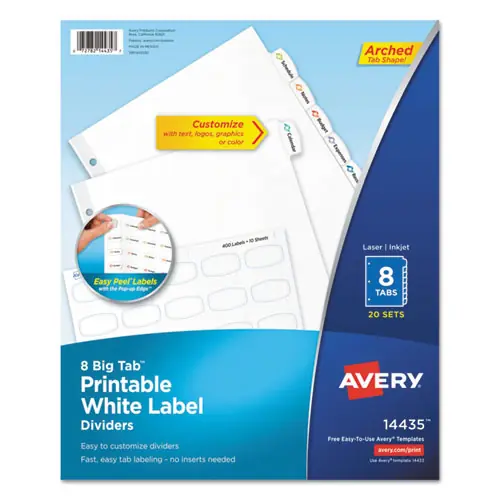 Avery® Big Tab Printable White Label Tab Dividers, 8-Tab, 11 x 8.5, White, 20 Sets