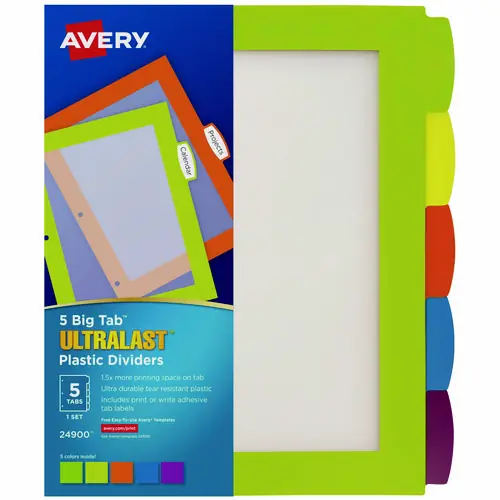 Avery® Big Tab Ultralast Plastic Dividers, 5-Tab, Assorted, 1 Set