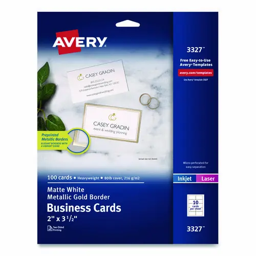 Avery® Business Cards with Metallic Gold Borders, Inkjet/Laser, White, 100 Cards