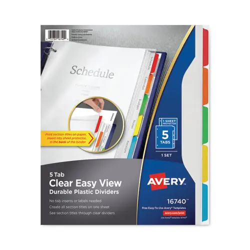 Avery® Clear Easy View Plastic Dividers with Multicolored Tabs and Sheet Protector, 5-Tab, Clear