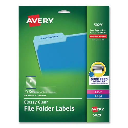 Avery® Clear Permanent File Folder Labels with Sure Feed Technology, 0.66 x 3.44, Clear, 30/Sheet, 15 Sheets/Pack