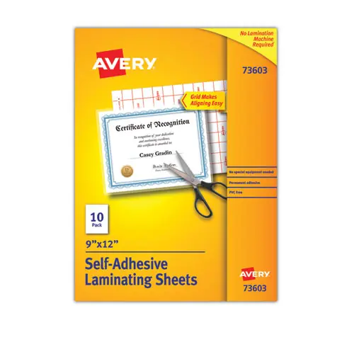 Avery® Clear Self-Adhesive Laminating Sheets, 3 mil, 9" x 12", Matte Clear, 10/Pack
