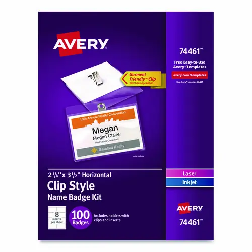 Avery® Clip-Style Badge Holder with Laser/Inkjet Insert, Top Load, 3.5 x 2.25, White, 100/Box