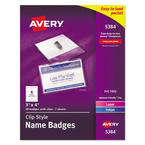 Avery® Clip-Style Name Badge Holder with Laser/Inkjet Insert, Top Load, 4" x 3", White, 40/Box