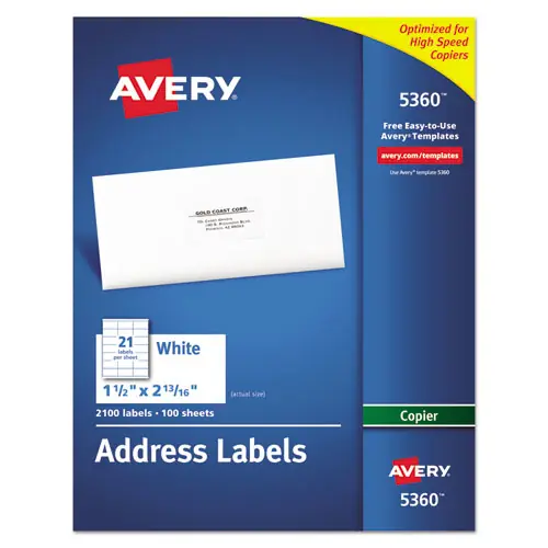 Avery® Copier Mailing Labels, 1.5 x 2.81, White, 21/Sheet, 100 Sheets/Box