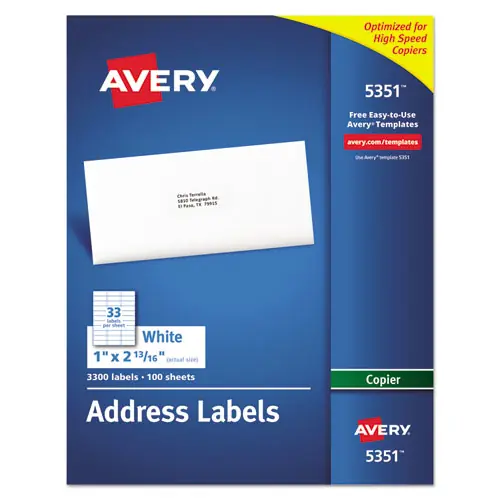 Avery® Copier Mailing Labels, 1 x 2.81, White, 33 Labels/Sheet, 100 Sheets/Box