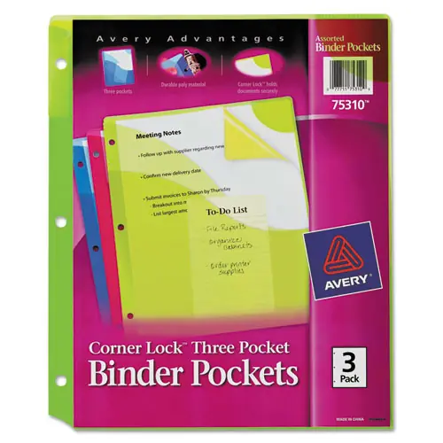 Avery® Corner Lock Three-Pocket Binder Pocket, Assorted Colors, 3/Pack