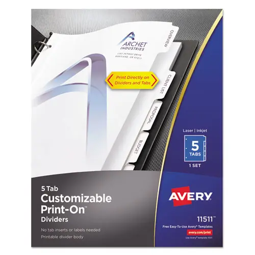 Avery® Customizable Print-On Dividers, 5-Tab, White, 3-Hole Punched, 11 x 8.5 Inches, 1 Set