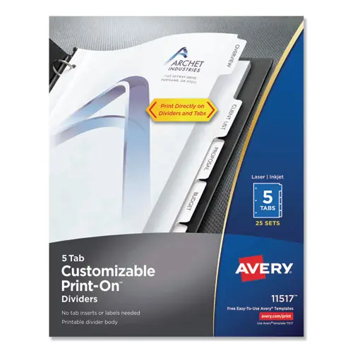 Avery® Customizable Print-On Dividers, 3-Hole Punched, 5-Tab, White, 25 Sets