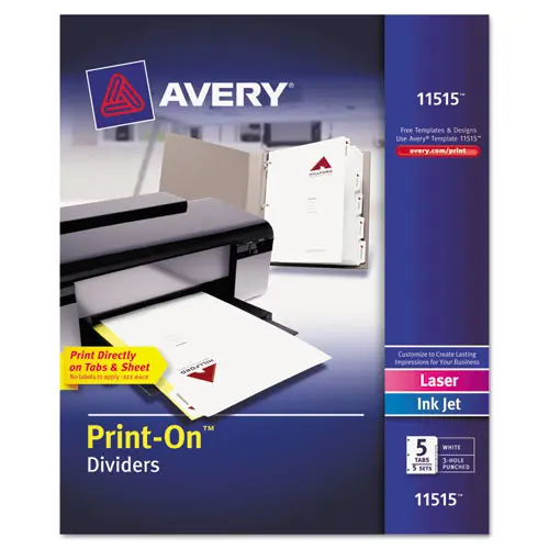 Avery® Customizable Print-On Dividers, 3-Hole Punched, 5-Tab, 11 x 8.5, White, 5 Sets