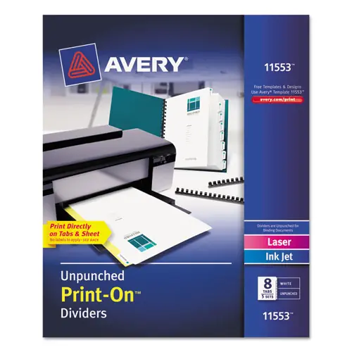 Avery® Customizable Print-On Dividers, Unpunched, 8-Tab, 11 x 8.5, White, 5 Sets