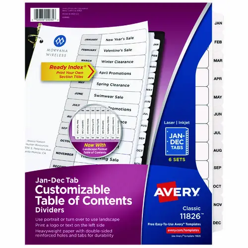 Avery® Customizable Table of Contents Ready Index Black and White Dividers, 12-Tab, Jan. to Dec., 11 x 8.5, White, 6 Sets