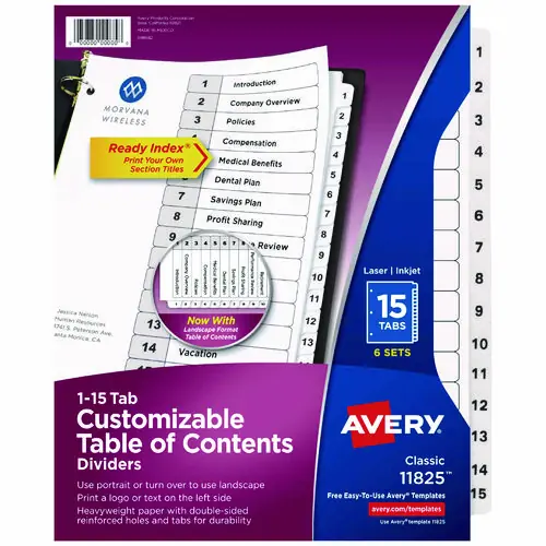 Avery® Customizable Table of Contents Ready Index Black and White Dividers, 15-Tab, 1 to 15, White, 6 Sets