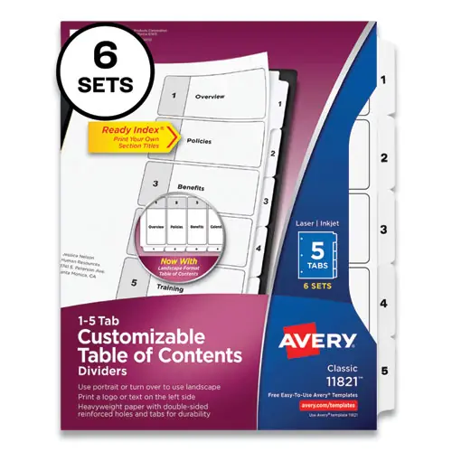 Avery® Customizable Table of Contents Ready Index Black and White Dividers, 5-Tab, 1 to 5, White, 6 Sets