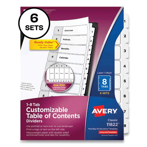 Avery® Customizable Table of Contents Ready Index Black and White Dividers, 8-Tab, 1 to 8, 11 x 8.5, White, 6 Sets