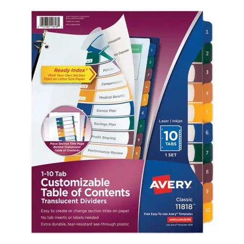 Avery® Customizable Table of Contents Ready Index Dividers with Multicolor Tabs, 10-Tab, 1 to 10, 11 x 8.5, Translucent