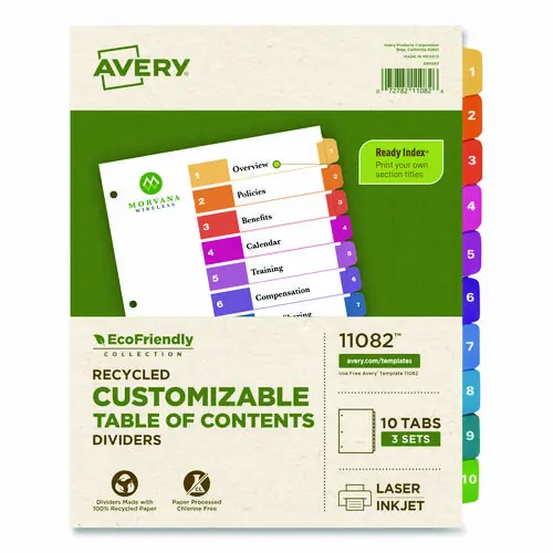 Avery® Customizable Table of Contents Ready Index Dividers with Multicolor Tabs, 10-Tab, 1 to 10, 11 x 8.5, White (3 Sets)