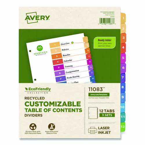Avery® Customizable Table of Contents Ready Index Dividers with Multicolor Tabs, 12-Tab, 1 to 12, 11 x 8.5, White, 3 Sets