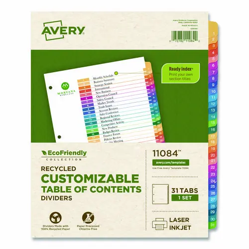 Avery® Customizable Table of Contents Ready Index Dividers with Multicolor Tabs, 31-Tab, 1 to 31