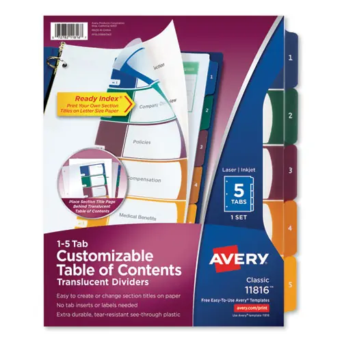 Avery® Customizable Table of Contents Ready Index Dividers, Multicolor Tabs, 5-Tab, Numbered 1-5, 11" x 8.5", Translucent Plastic, 1 Set