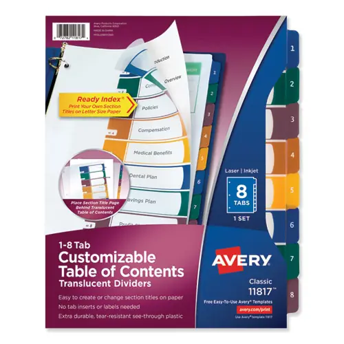 Avery® Customizable Table of Contents Ready Index Dividers with Multicolor Tabs, 8-Tab, 1 to 8, 11 x 8.5, Translucent