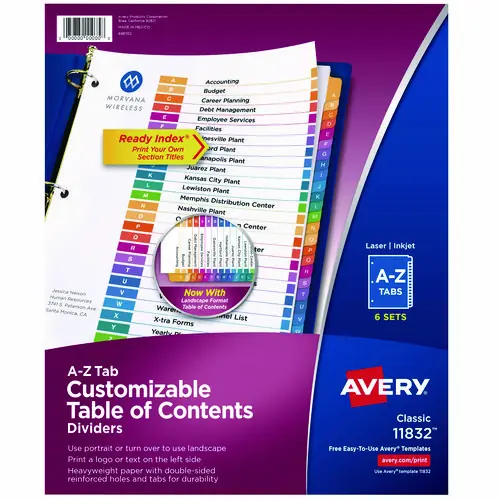 Avery® Customizable Table of Contents Ready Index Multicolor Dividers, 26-Tab, A to Z, 11 x 8.5, White, 6 Sets