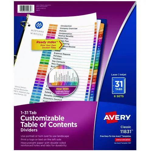 Avery® Customizable Table of Contents Ready Index Multicolor Dividers, 31-Tab, 1 to 31, 11 x 8.5, White, 6 Sets