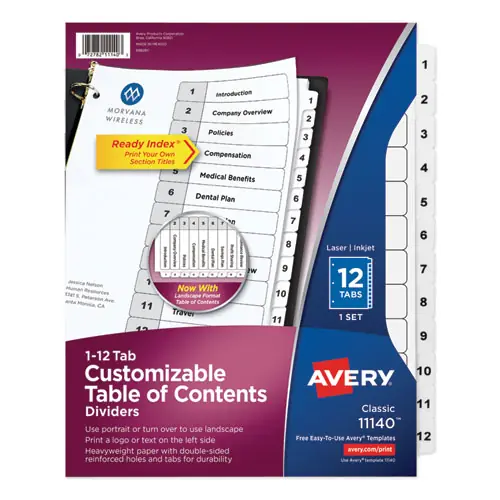 Avery® Customizable TOC Ready Index Black and White Dividers, 12-Tab, 1 to 12