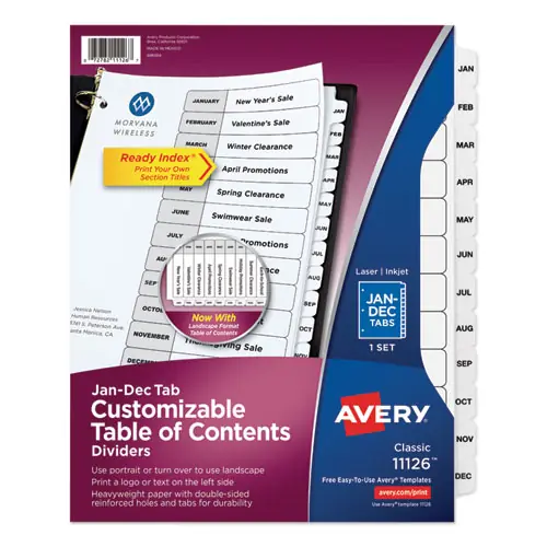 Avery® Customizable TOC Ready Index Black and White Dividers, 12-Tab, Jan. to Dec., 11 x 8.5, 1 Set