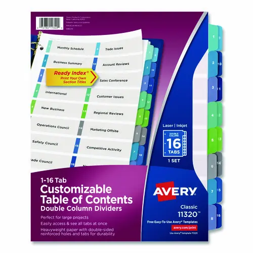 Avery® Customizable TOC Ready Index Double Column Multicolor Tab Dividers, 16-Tab, 1 to 16