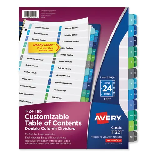 Avery® Customizable TOC Ready Index Double Column Multicolor Tab Dividers, 24-Tab Set, Numbered 1-24, 11" x 8.5", White