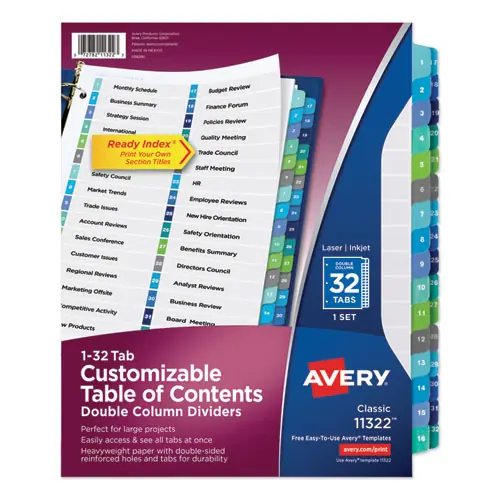 Avery® Customizable TOC Ready Index Double Column Multicolor Tab Dividers, 32-Tab, 1 to 32, 11 x 8.5, White
