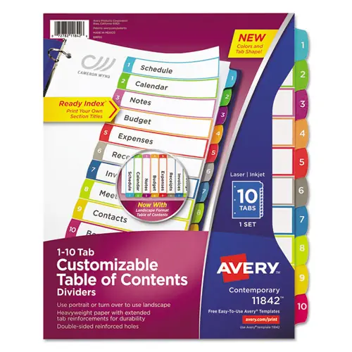 Avery® Customizable TOC Ready Index Multicolor Tab Dividers, 10-Tab, 1 to 10, 11 x 8.5, White, Contemporary Color Tabs